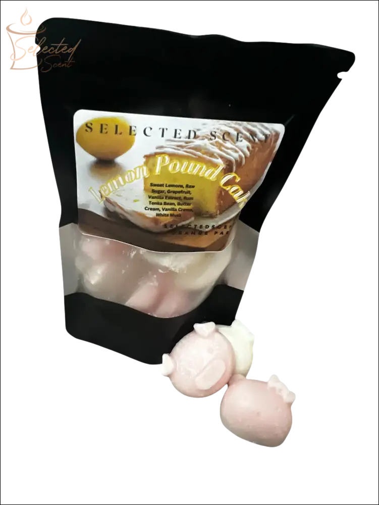 Selected Scent Lemon Pound Cake scented bath bombs with cute design in resealable black pouch