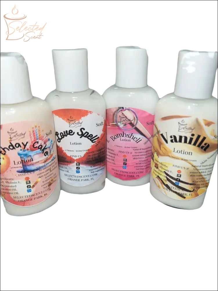 Selected Scent vitamin e moisturizing lotion bottles in birthday cake love spell bombshell and vanilla scents