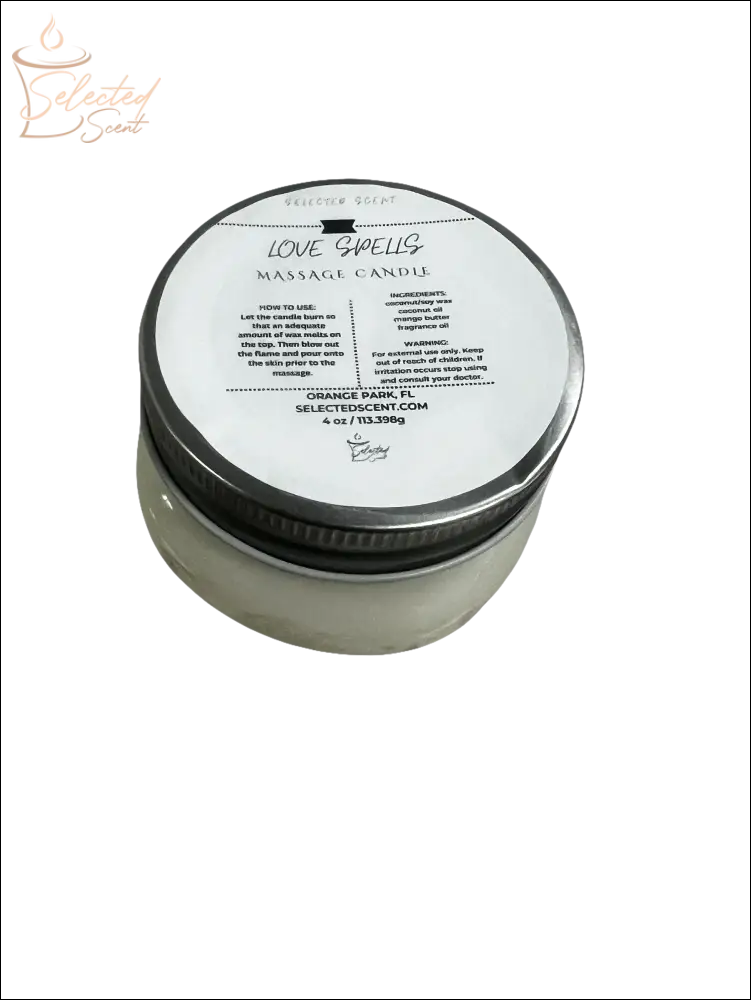 Selected Scent Love Spells Massage Candle with Mango Butter And Vitamin E in a small glass jar