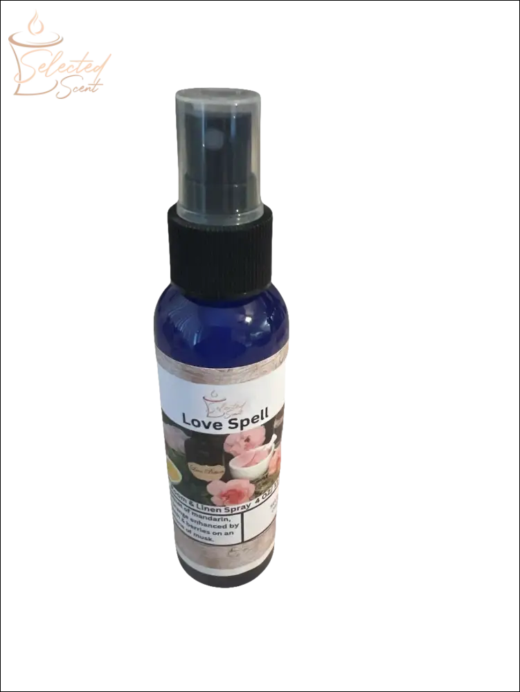 Selected Scent Love Spell long-lasting linen spray for home in a blue spray bottle