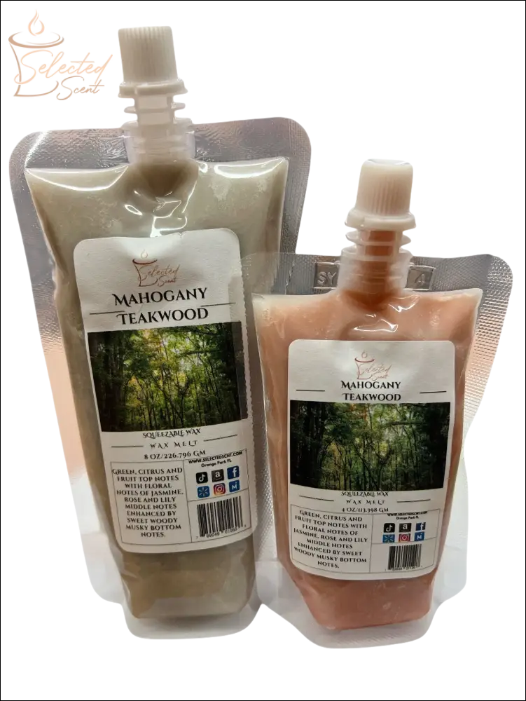 Selected Scent mahogany teakwood wax melt refills in resealable pouches with forest label design