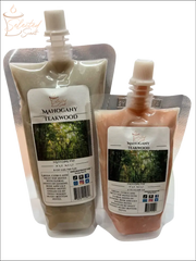 Selected Scent mahogany teakwood wax melt refills in resealable pouches with forest label design
