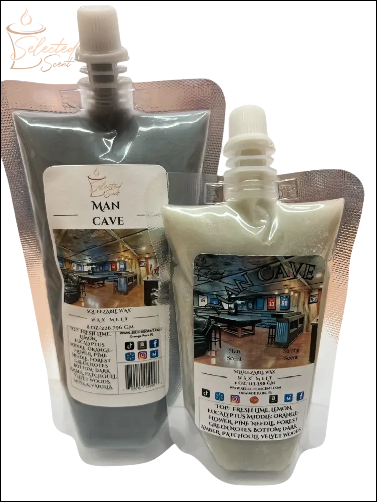 Selected Scent unique squeezable wax tarts in Man Cave scent with resealable spout pouches