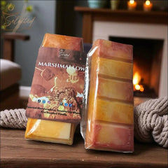 Selected Scent long lasting marshmallow wax melt with toasted marshmallow and vanilla scents near a cozy fireplace