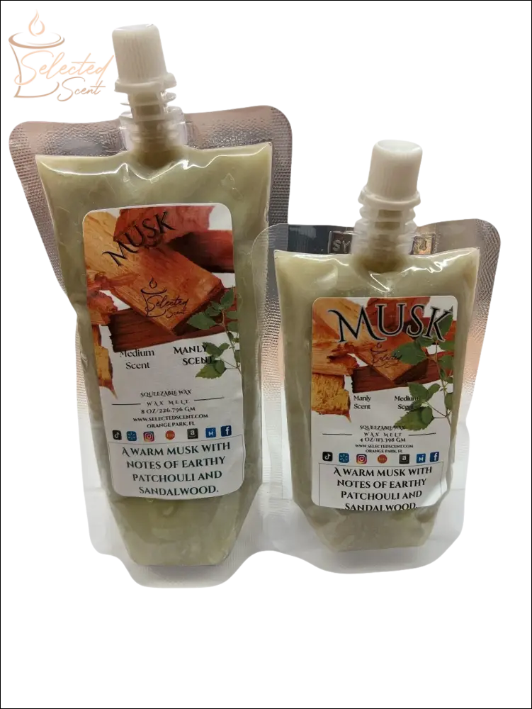 Selected Scent Musk fragrance pouches with earthy patchouli sandalwood melt scent in two sizes