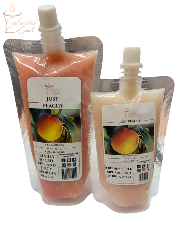 Selected Scent Just Peachy wax melts with long lasting fragrance in resealable pouch packaging