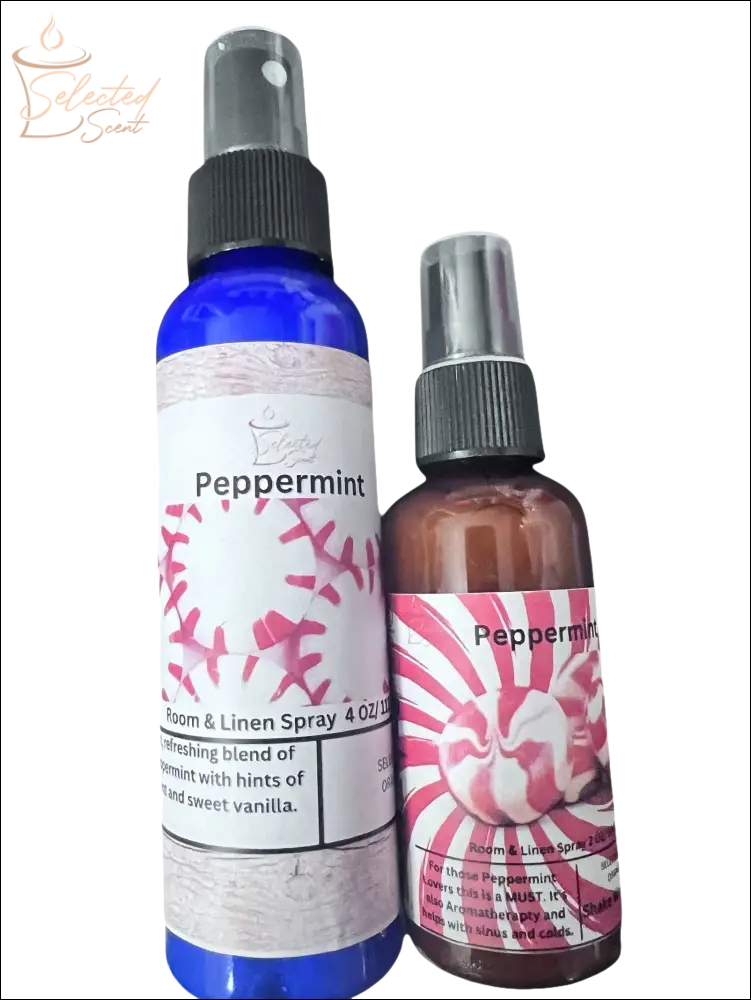 Selected Scent peppermint room and linen sprays in blue and brown bottles for long lasting room fragrance