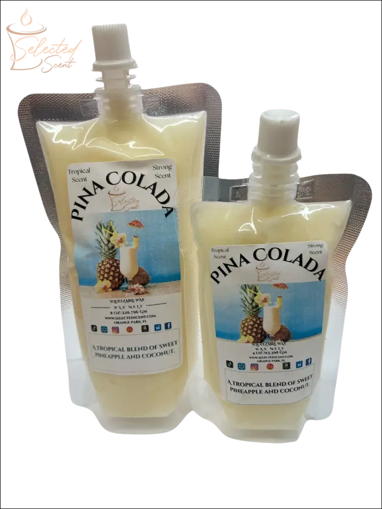 Selected Scent Pina Colada squeezable wax melts with tropical pineapple and coconut blend in resealable pouches