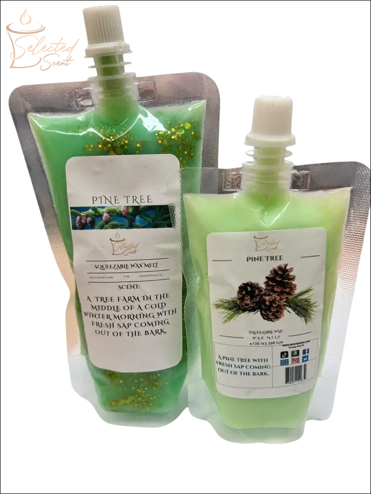 Selected Scent long lasting pine fragrance wax in green flexible pouches with pine cone labels