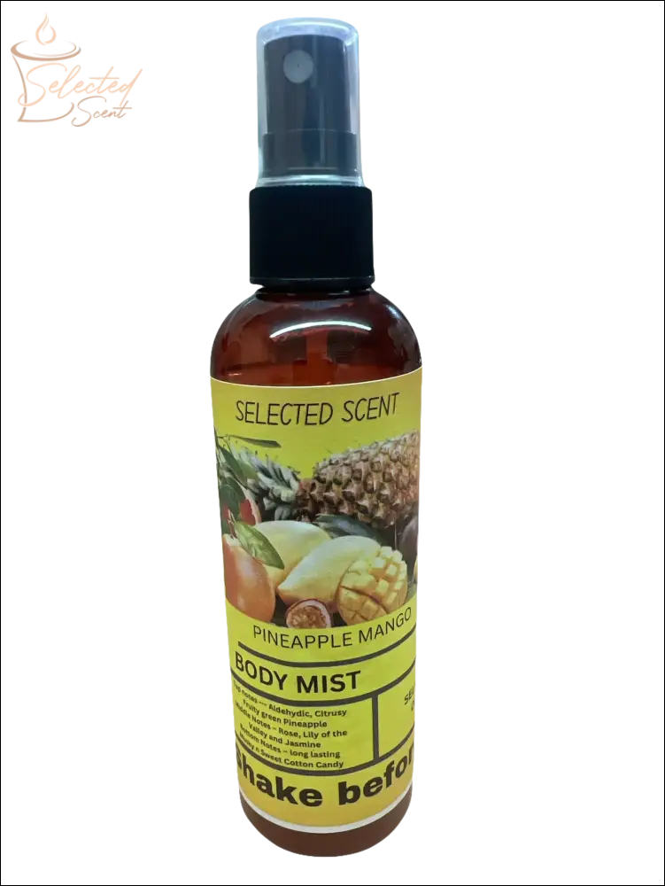 Selected Scent Pineapple Mango Body Mist spray bottle labeled Alcohol Free with tropical fruit design
