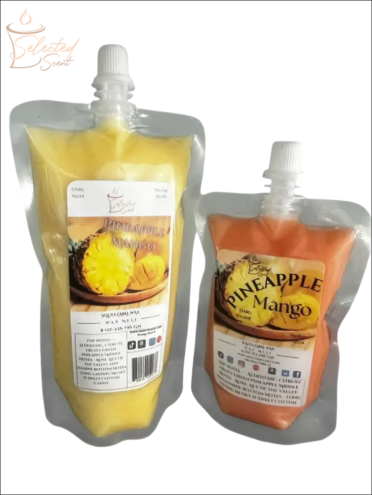 Selected Scent pineapple mango tropical wax melt for warmer refill pouches in yellow and orange