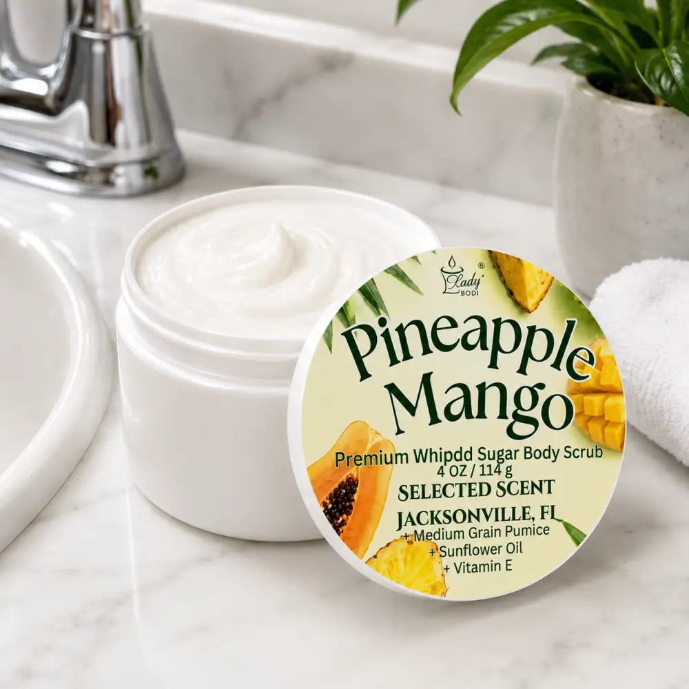 Premium pineapple mango whipped sugar body scrub ā tropical exfoliation & hydrating skincare by selected scent