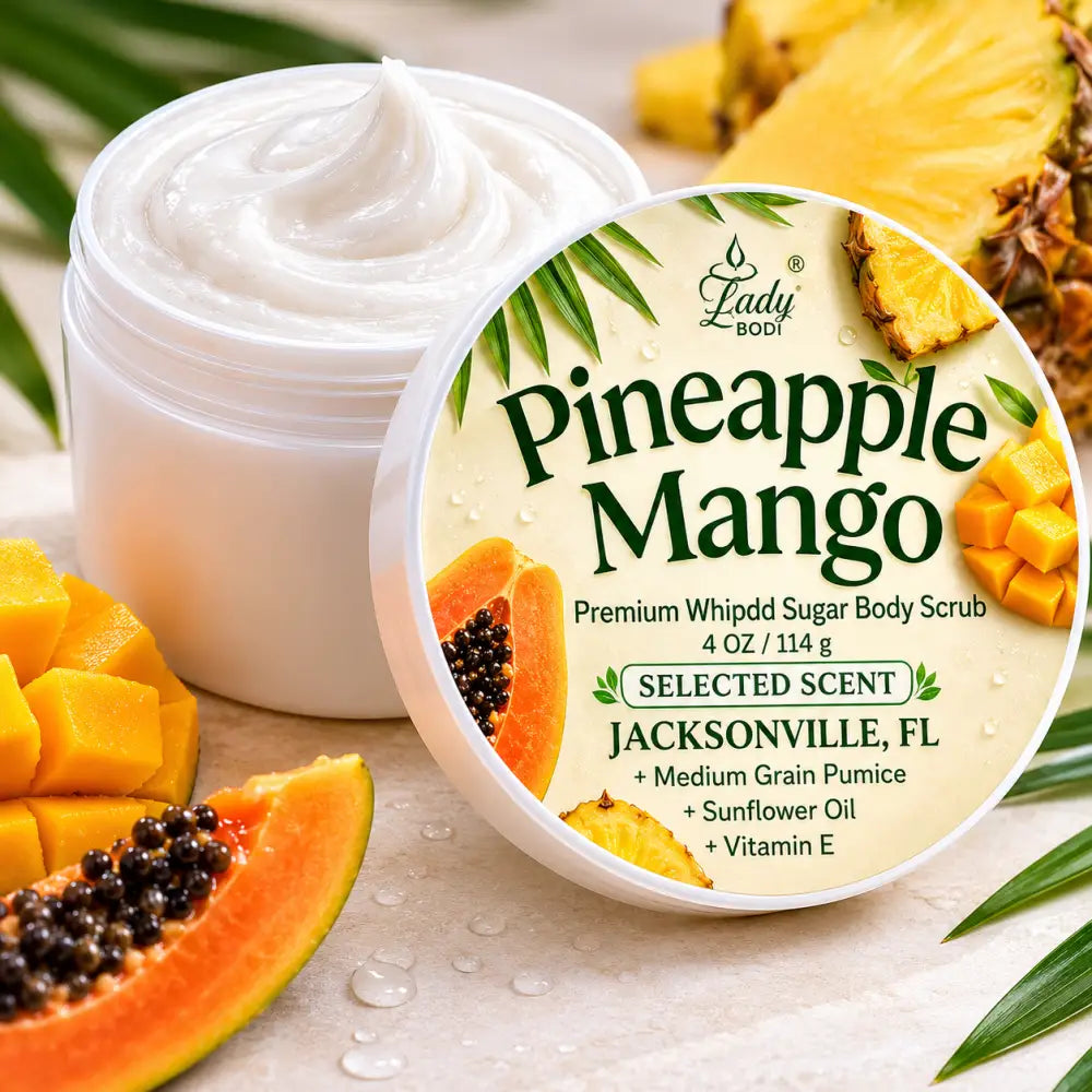 Premium pineapple mango whipped sugar body scrub ā tropical exfoliation & hydrating skincare by selected scent