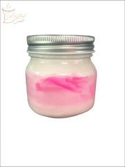 Small glass jar candle with silver lid and pink swirls by Selected Scent Love Spells You
