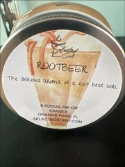 Selected Scent Rootbeer candle with extremely strong scent and aroma of root beer soda in a round tin