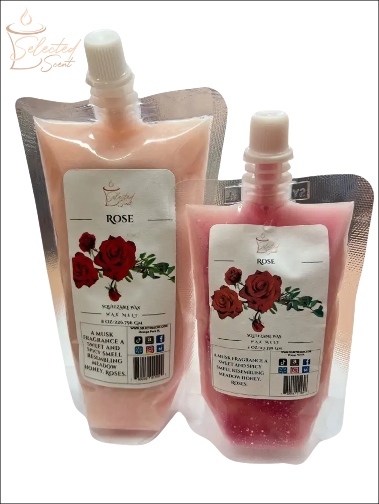 Selected Scent rose scented long-lasting natural wax melts in squeezable pink pouches