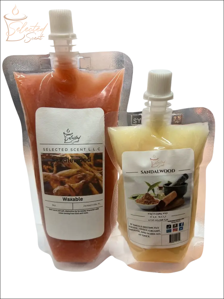 Selected Scent all natural wax melts for home in sandalwood and cedarwood scents with resealable pouches