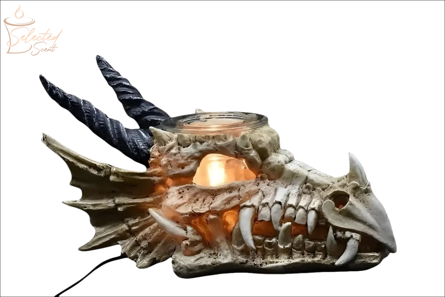Selected Scent Electric Decorative Warmer shaped like a dragon skull with lit candle inside