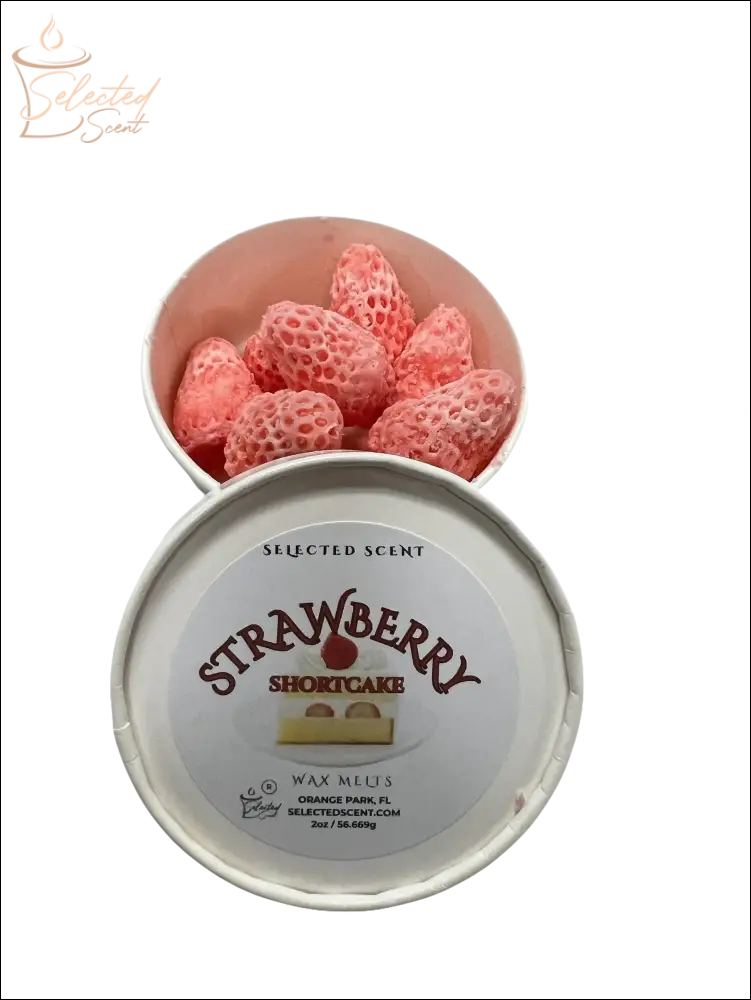 Selected Scent Strawberry Shortcake wax melts for fragrance in a round white container