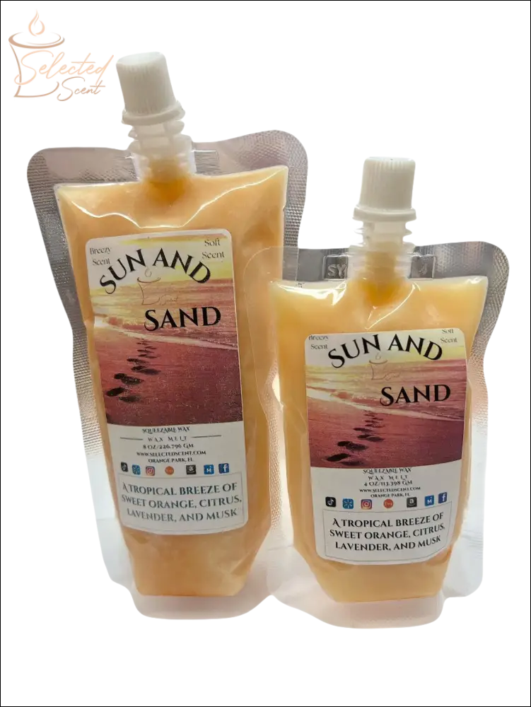 Selected Scent Sun and Sand long lasting citrus wax melts with sweet orange, citrus, lavender, and musk fragrance