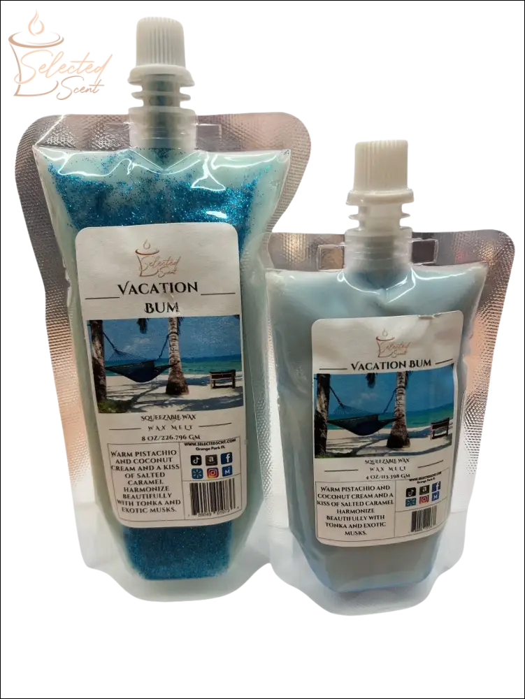 Selected Scent unique wax melt pouch fragrance Vacation Bum with tropical beach image and blue wax