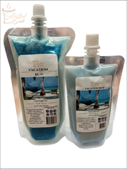 Selected Scent unique wax melt pouch fragrance Vacation Bum with tropical beach image and blue wax