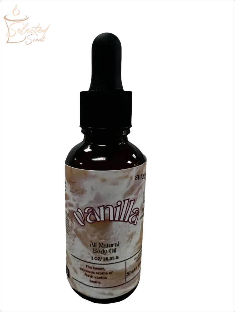 Selected Scent vanilla all natural body oil bottle for hydrating and protecting skin