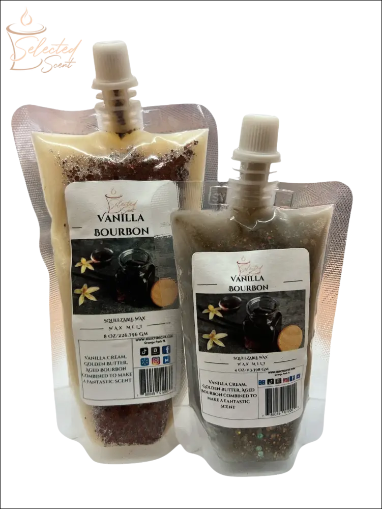 Selected Scent vanilla bourbon wax melt in two sizes with vanilla beans and bourbon bottle on label