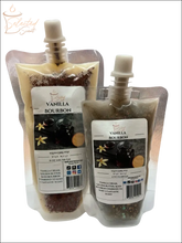 Selected Scent vanilla bourbon wax melt in two sizes with vanilla beans and bourbon bottle on label