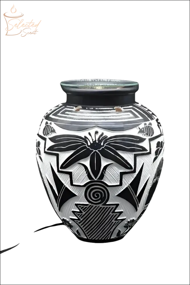 Selected Scent electric decorative warmer with black and white floral tribal design ceramic jar