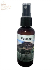 Selected Scent Volcano room and linen spray bottle labeled An Eruption of Scent with black spray top