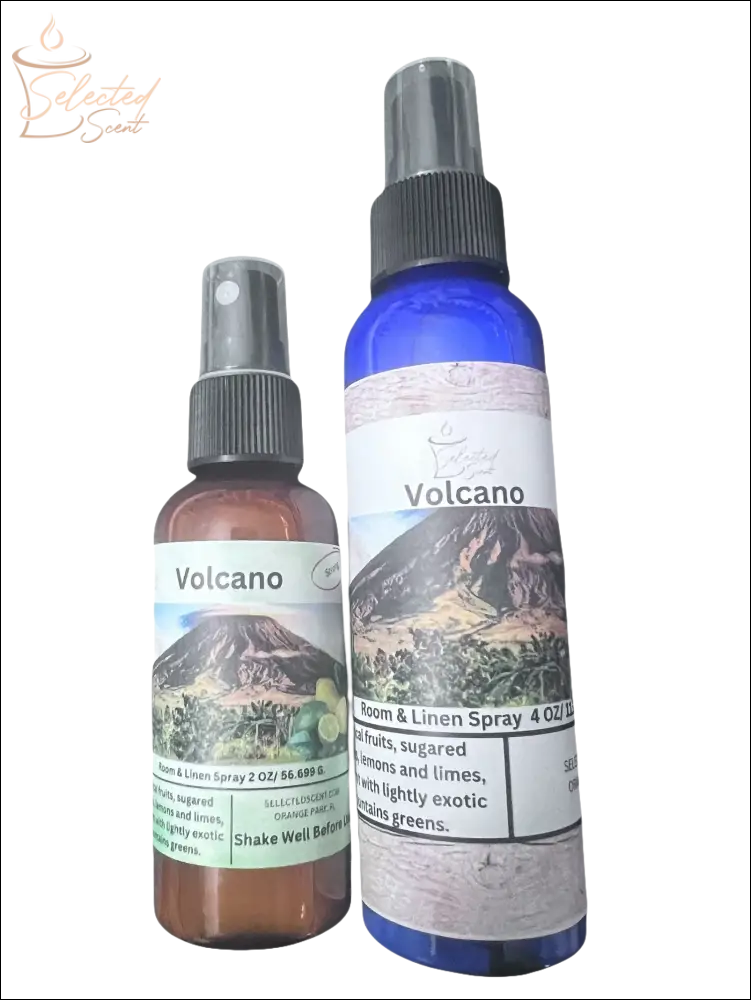 Selected Scent Volcano room and linen sprays in brown and blue bottles delivering An Eruption of Scent