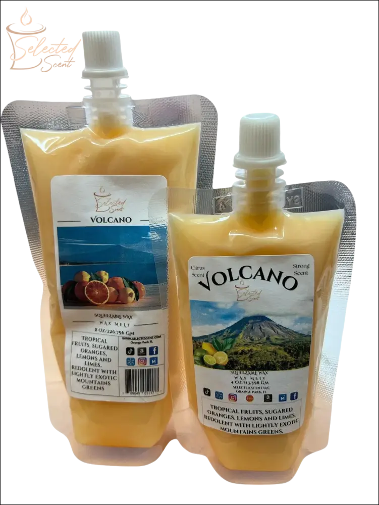 Selected Scent tropical scented wax melts Volcano flavor in yellow pouch with spout for easy use