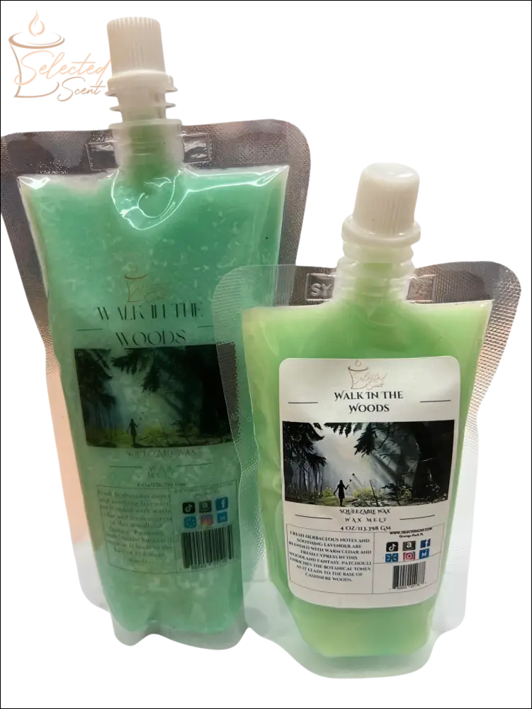 Selected Scent squeezable wax melt in Walk in the Woods fragrance with green gel in refill pouch