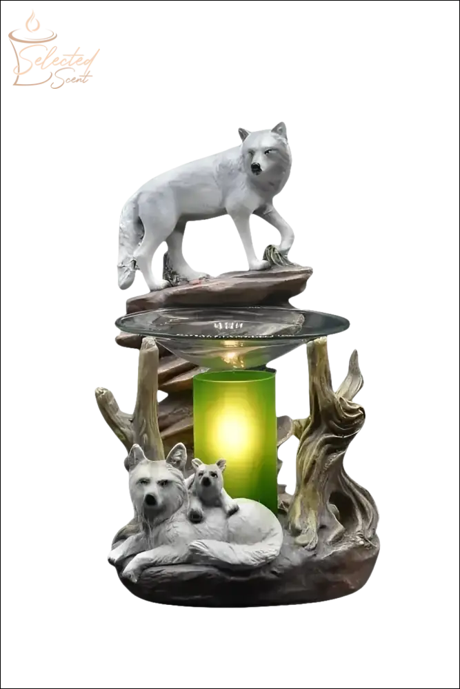 Selected Scent Electric Decorative Warmer featuring white wolf family design with glowing green light