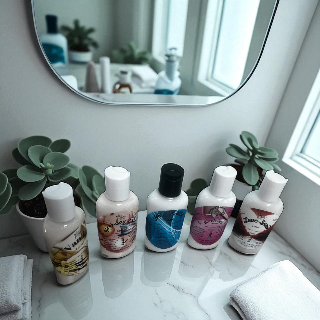 Collection of fragrance infused body lotion with Vitamin E bottles arranged on a bathroom countertop near a mirror and plants