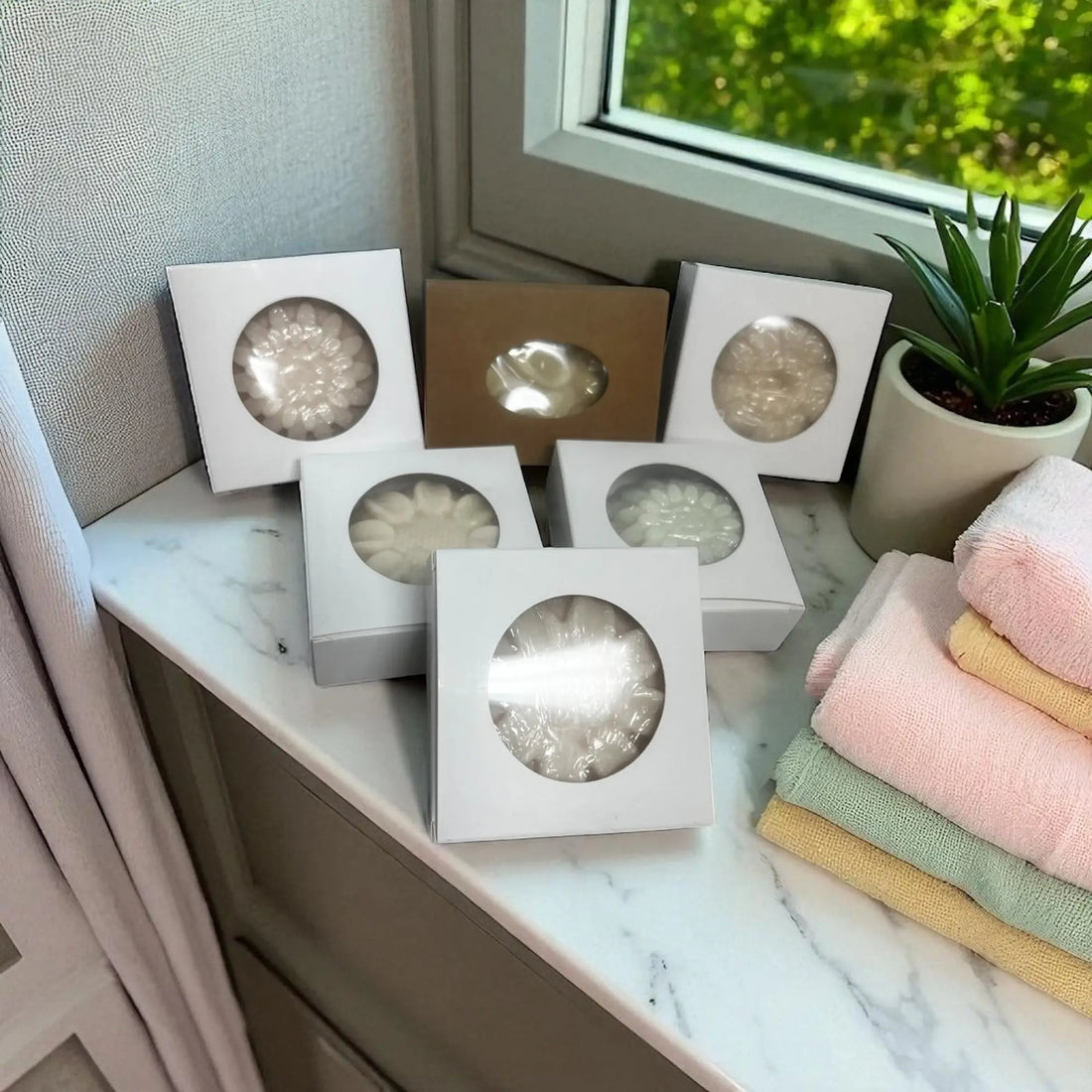 Artisanal fragrance soap collection in white and brown packaging displayed on windowsill with pastel towels and green plant