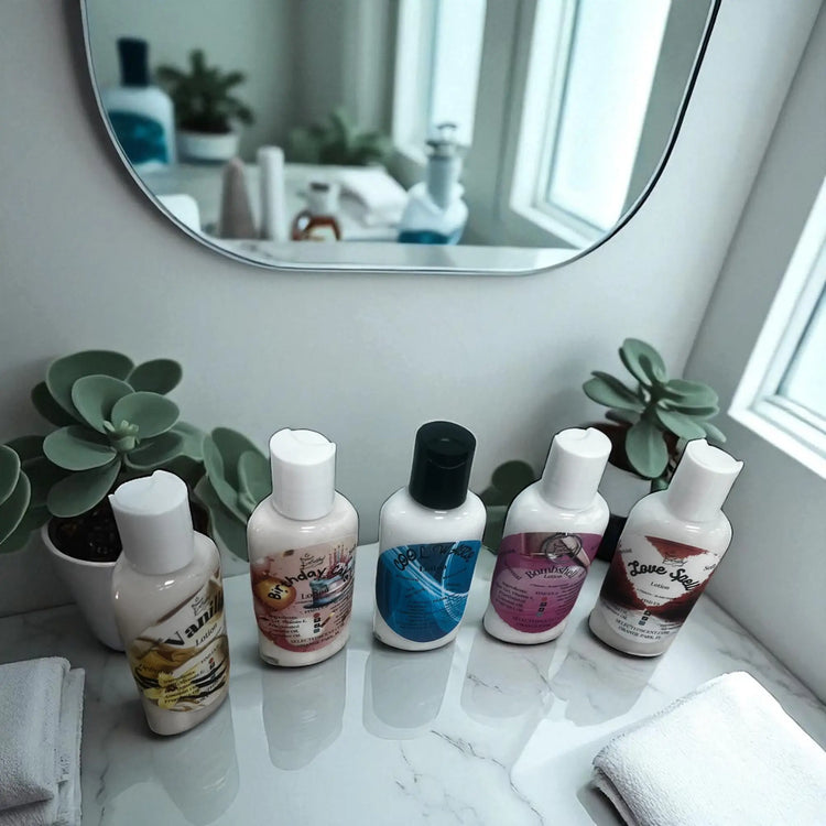 Collection of fragrance infused body lotion with Vitamin E bottles arranged on a bathroom countertop near a mirror and plants
