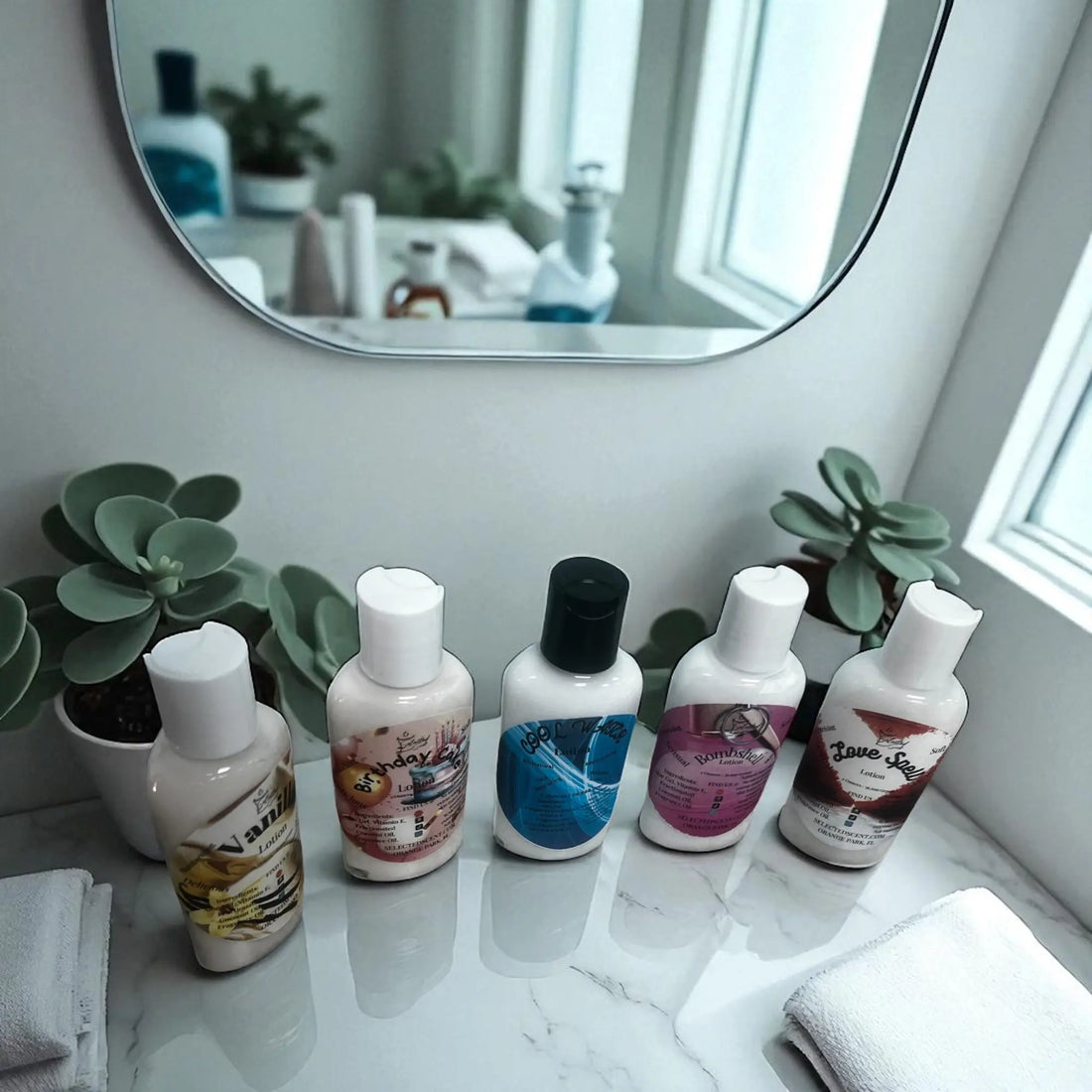 Collection of fragrance infused body lotion with Vitamin E bottles arranged on a bathroom countertop near a mirror and plants