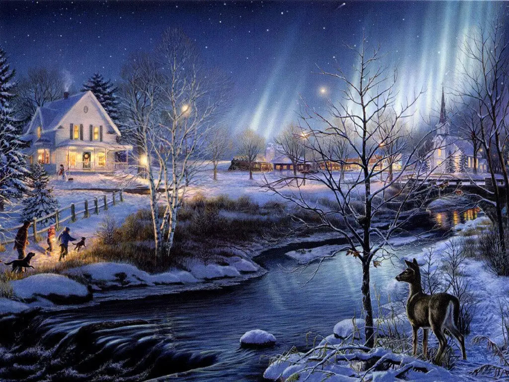 Peaceful winter landscape with snowy house, deer by a river, and glowing lights for the Holiday Collection