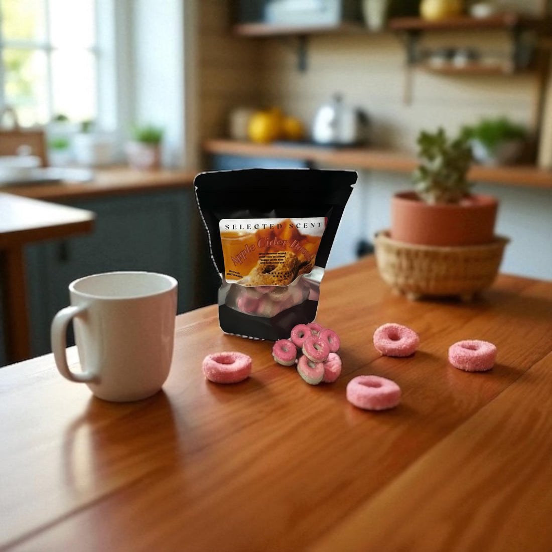 Individually Designed For Fun Scents gummy candy package with pink ring gummies and white mug on wooden table