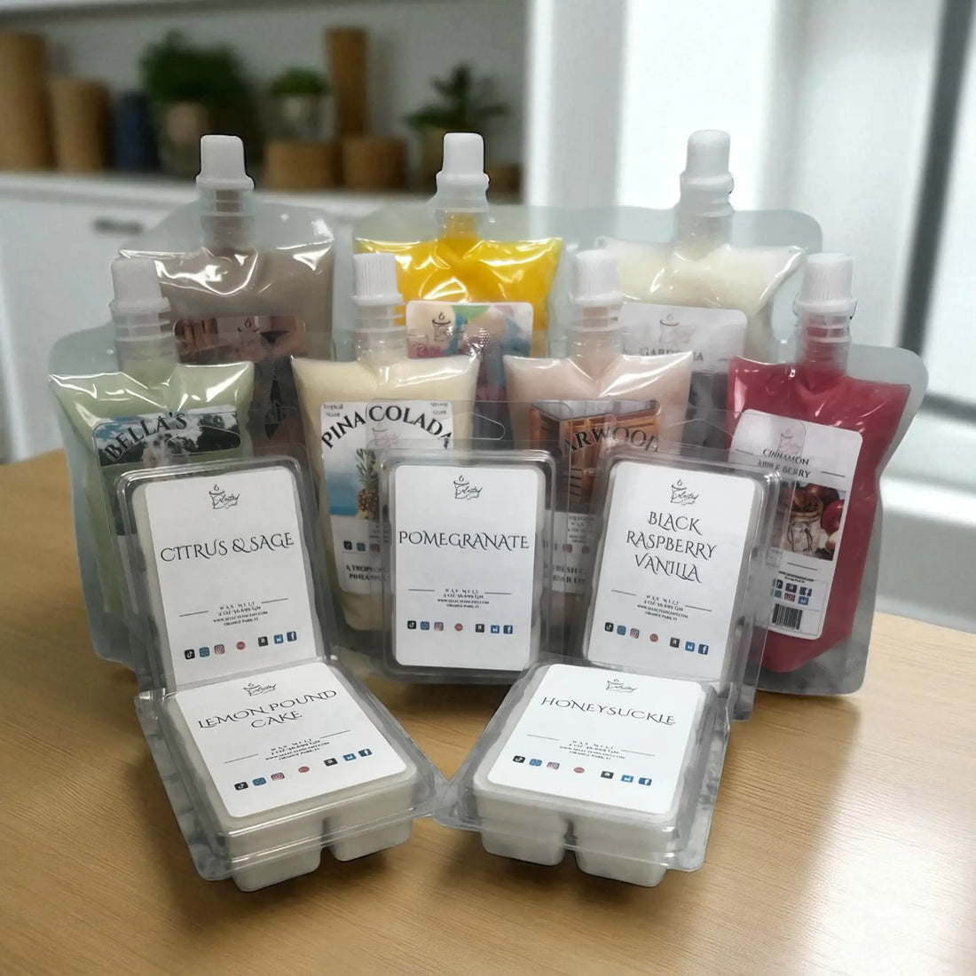 Assorted long lasting scented wax melts in various fragrances displayed on a wooden table