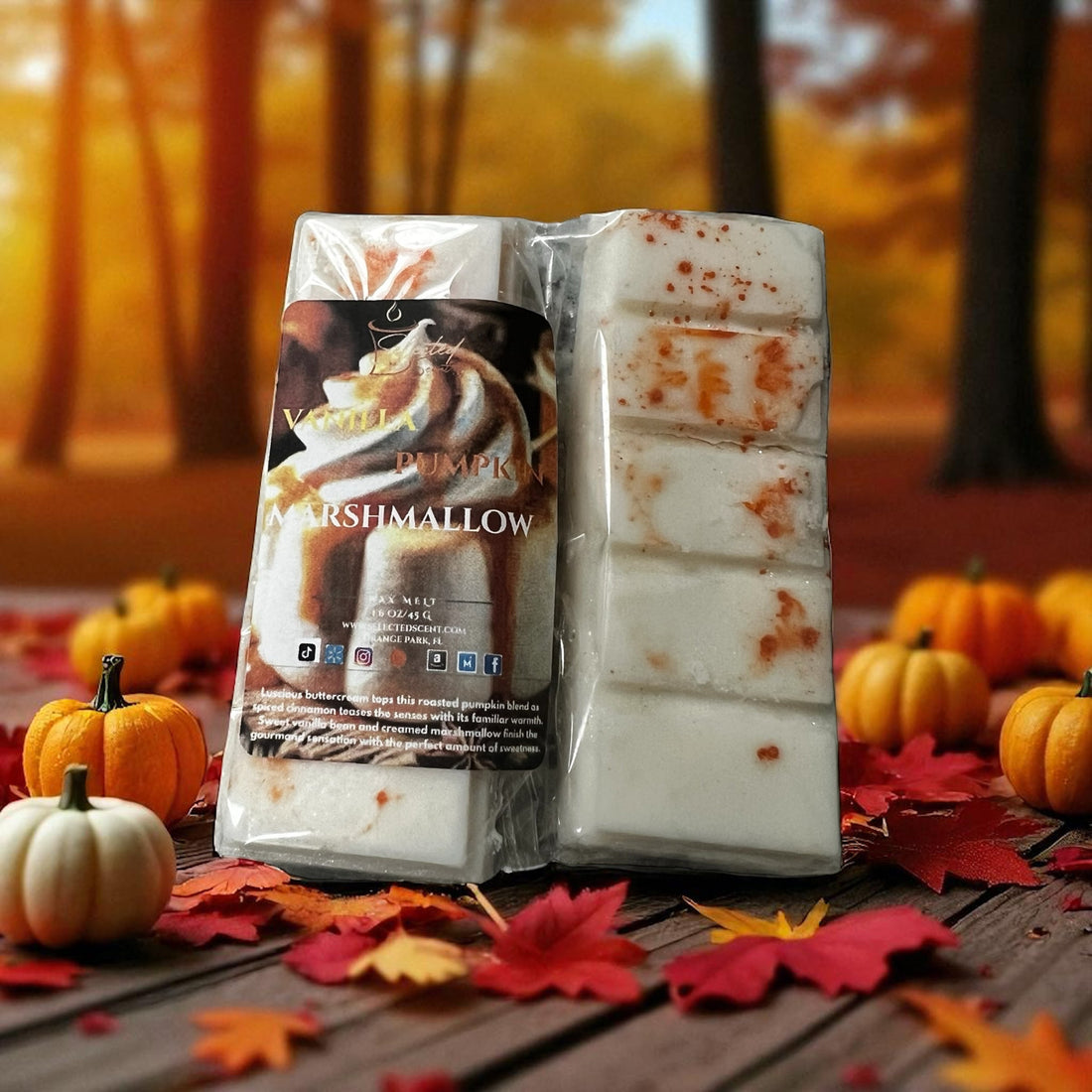 Pumpkin marshmallow scented long-lasting fragrance snap bars with autumn leaves and mini pumpkins background