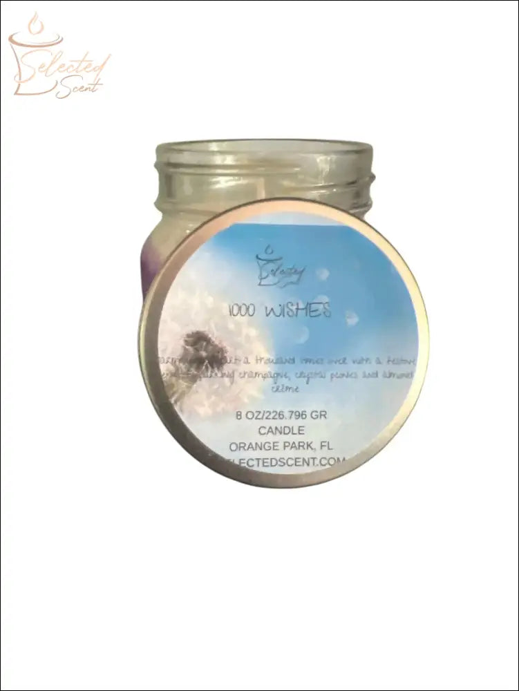 Selected Scent 8 oz glass jar candle with metal lid and 1000 Wishes blue label long lasting scented candle