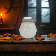 16 oz pumpkin spice candle cup by Selected Scent in a skull-shaped glass jar on a wooden table with autumn leaves