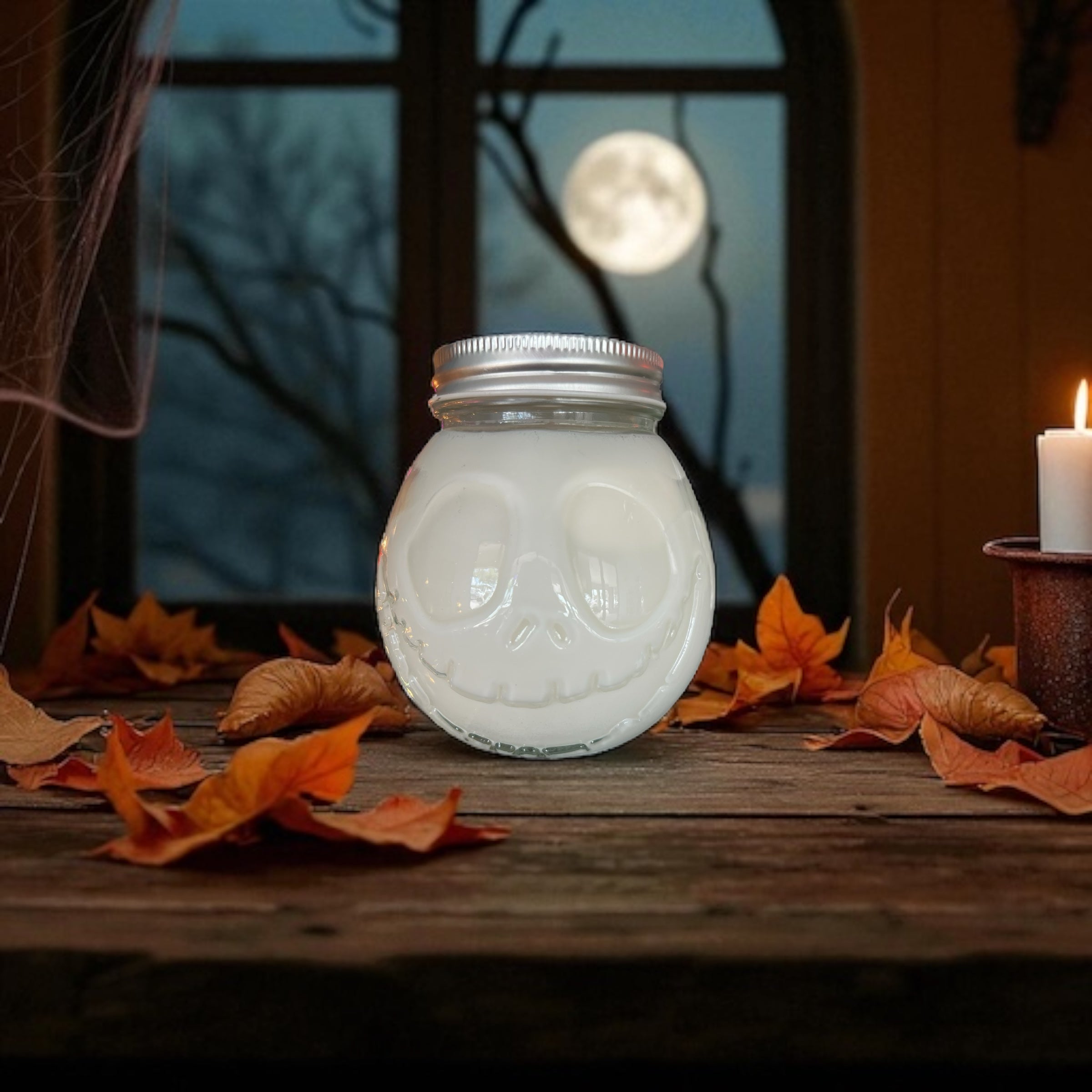 Selected Scent 16 oz pumpkin spice candle cup in skull-shaped glass jar on wooden table with autumn leaves