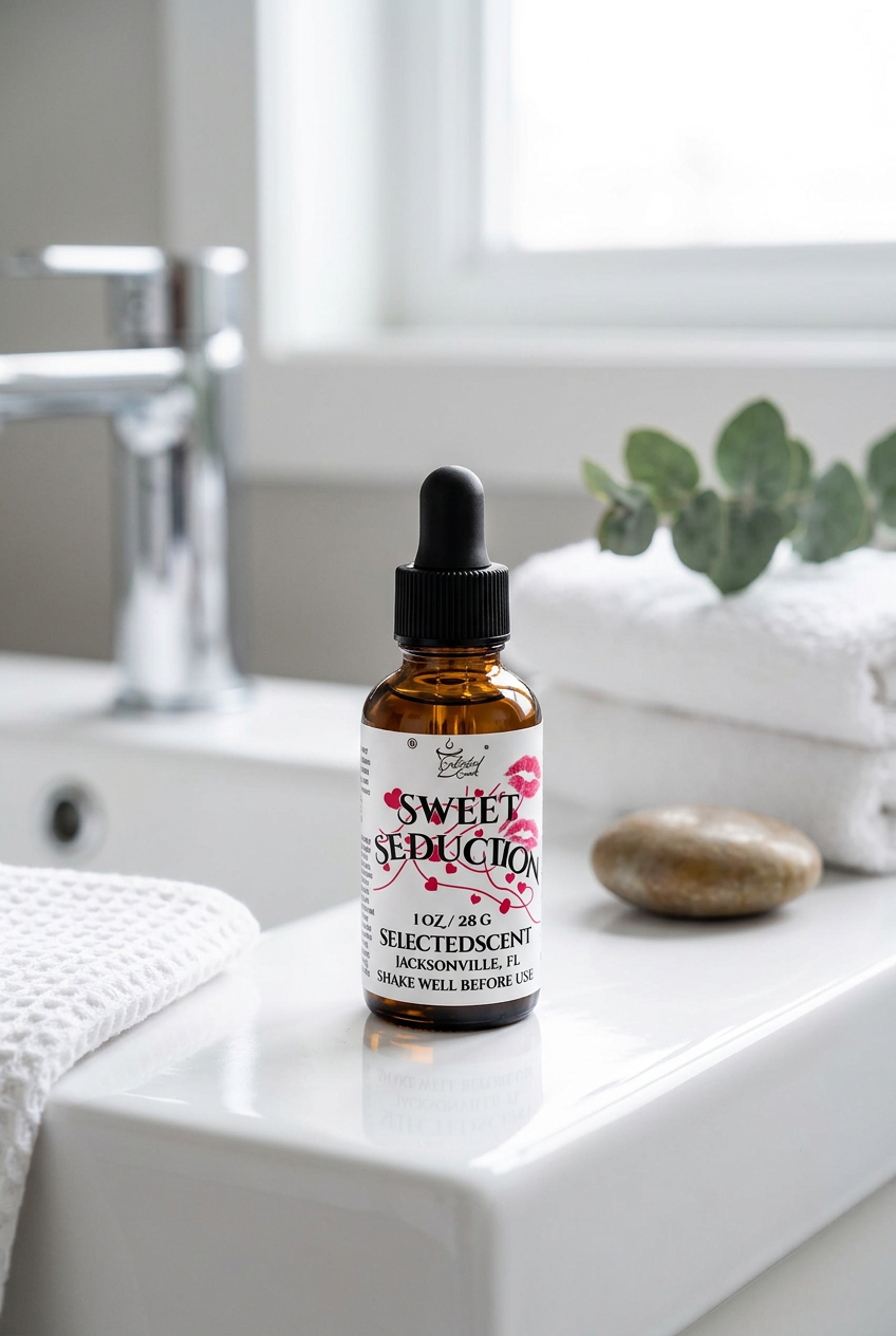A 1 oz amber glass dropper bottle of Selectedscents Sweet Seduction perfume oil on a solid white background.