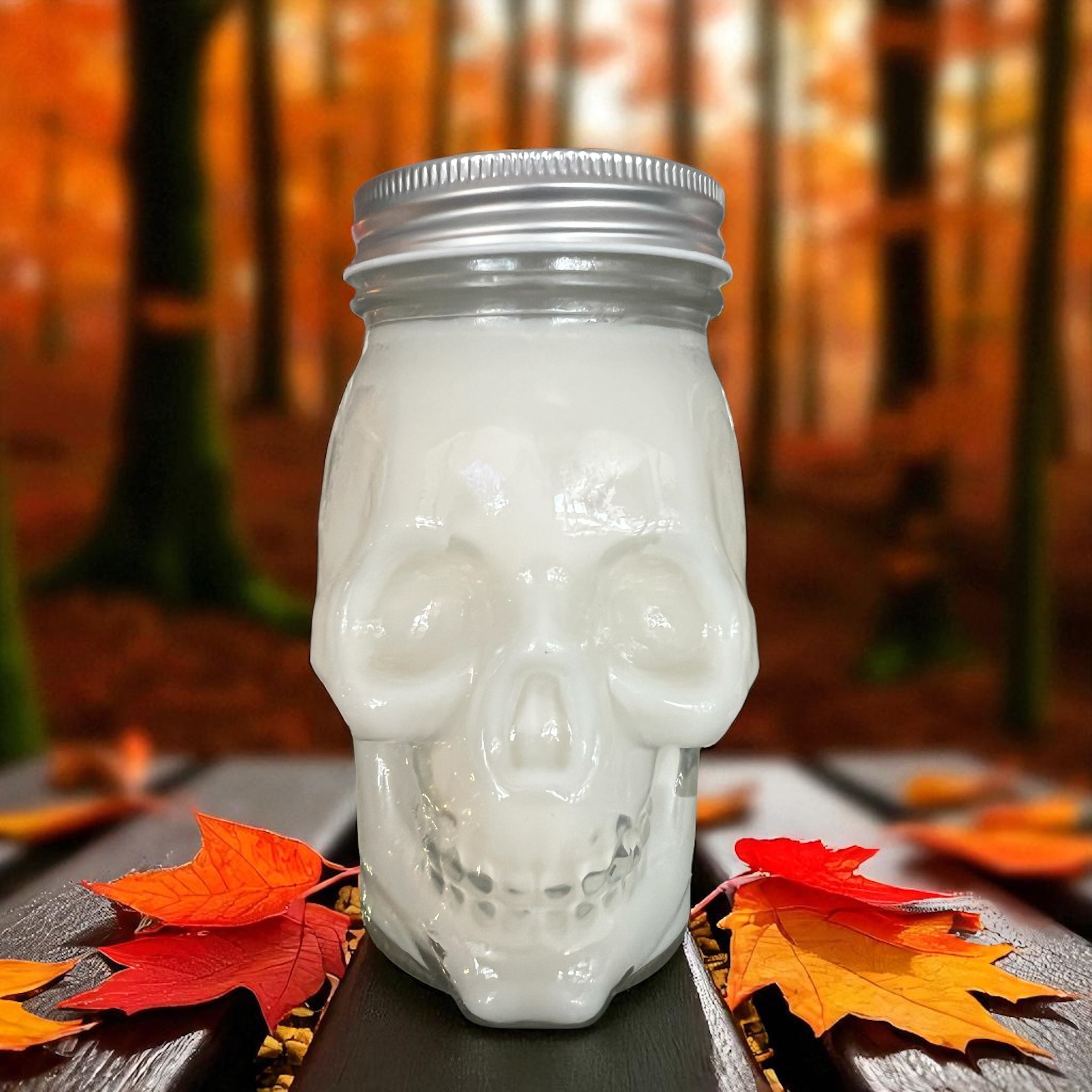 Fall Leaves 16 Oz Skull Shaped Glass Mug Candle