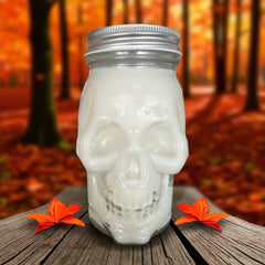 Fall Leaves 16 Oz Skull Shaped Glass Mug Candle