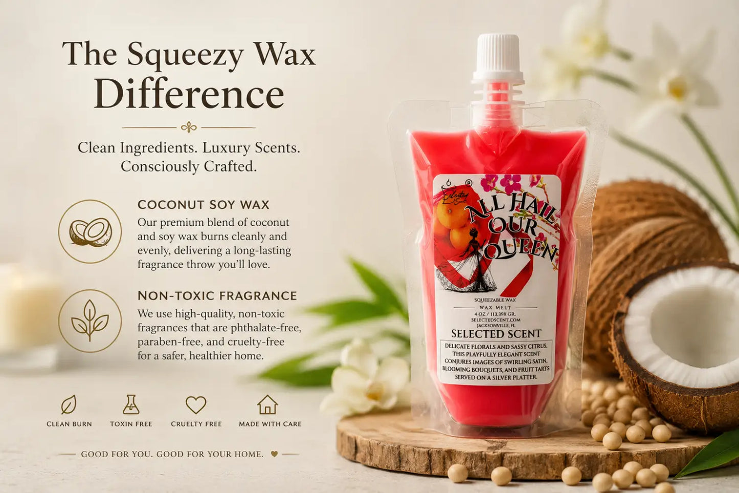 All hail our queen squeezable wax melts – luxurious feminine home fragrance by selected scent